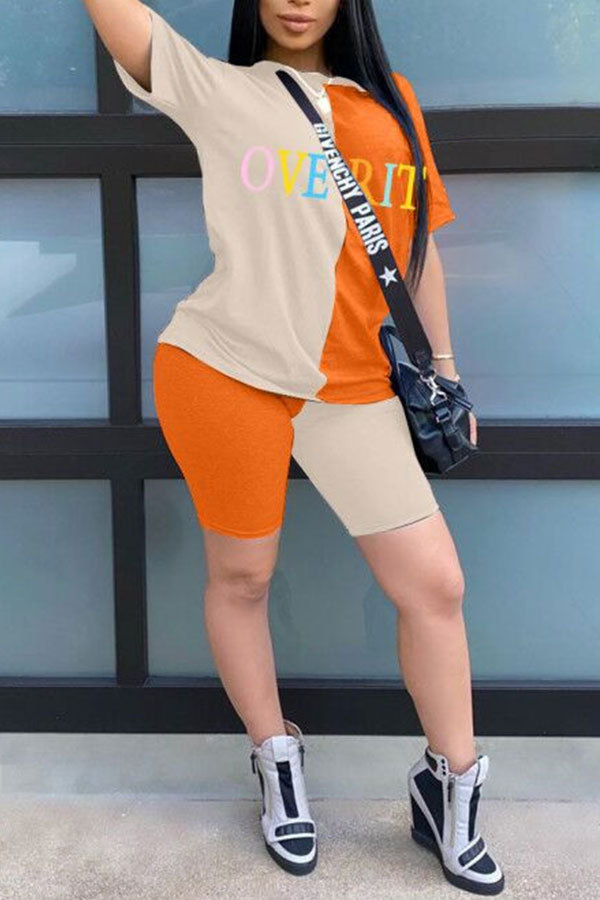 Orange Polyester Fashion adult Europe and America Letter Patchwork Print Two Piece Suits pencil Short Sleeve Two Pieces