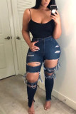 Dark Blue Denim Zipper Fly Mid Hole washing pencil Pants Bottoms