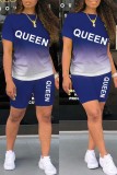 Blue Fashion Casual Gradual Change Letter Print Basic Short Sleeve Two Pieces