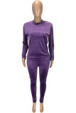 purple Fashion Pleuche Solid Split Joint O Neck Long Sleeve Regular Sleeve Regular Two Pieces