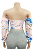 Pink One word collar Long Sleeve Print Tops