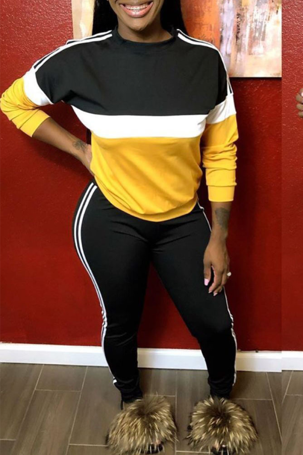 Yellow Casual Color Block Patchwork Half A Turtleneck Sleeveless Two Pieces
