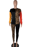 Black Casual Leopard Patchwork O Neck Long Sleeve Two Pieces