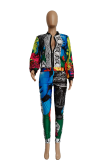 Black Casual Print Patchwork Zipper Collar Long Sleeve Two Pieces