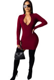 Wine Red Polyester OL Cap Sleeve Long Sleeves O neck Step Skirt skirt Solid chain