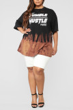 Black Casual Print Straight Short Sleeve Two Pieces