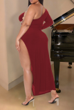 Red Sexy Solid Hollowed Out One Shoulder Pencil Skirt Dresses