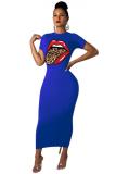 Blue Fashion Casual Black Blue Cap Sleeve Short Sleeves O neck Step Skirt Ankle-Length Print Patchwork Tongue Dresses