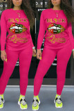 Red Fashion Casual Letter Lips Printed Basic O Neck Long Sleeve Two Pieces