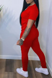 Red Casual Solid Patchwork O Neck Short Sleeve Two Pieces
