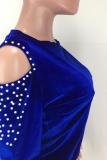 Blue Polyester adult Casual Fashion Solid Two Piece Suits Patchwork diamonds pencil Long Sleeve Two-piec