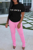 Black Fashion Casual Letter Print Basic O Neck Tops