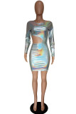 Silver Sexy Solid Patchwork O Neck Pencil Skirt Dresses