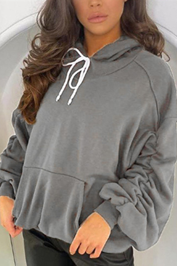 Grey Fashion Casual Solid Basic Hooded Collar Tops