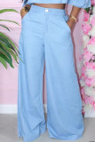 Baby Blue Fashion Casual Solid Basic High Waist Wide Leg Trousers