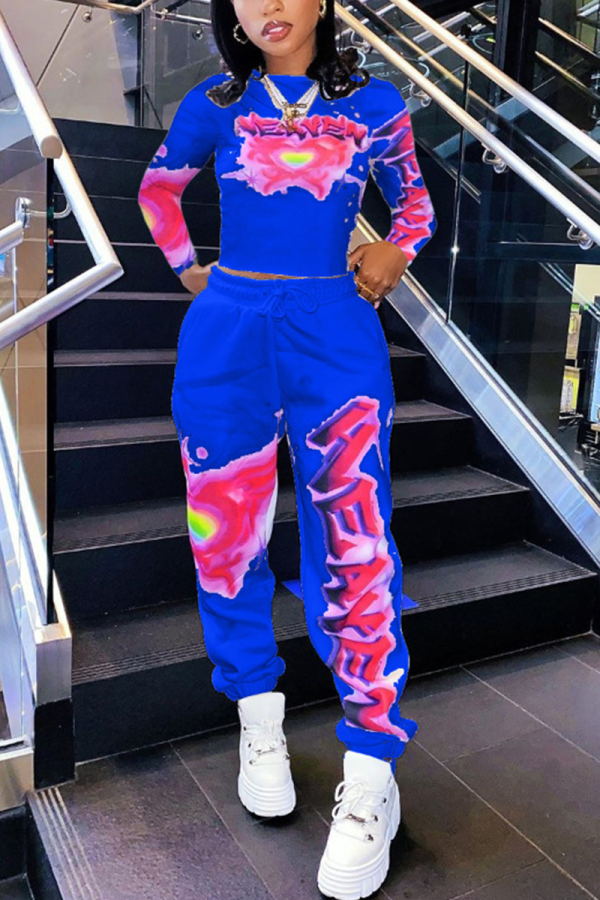 Blue Casual Print Patchwork O Neck Long Sleeve Two Pieces