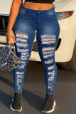 Dark Blue Fashion Casual Solid Ripped High Waist Regular Jeans