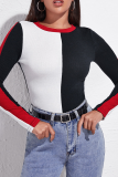 Black Red Casual Solid Patchwork O Neck Tops