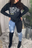 Black Fashion Casual Letter Print Basic O Neck Tops