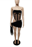 Black Fashion Sexy Patchwork Solid Hollowed Out See-through Strapless Sleeveless Two Pieces
