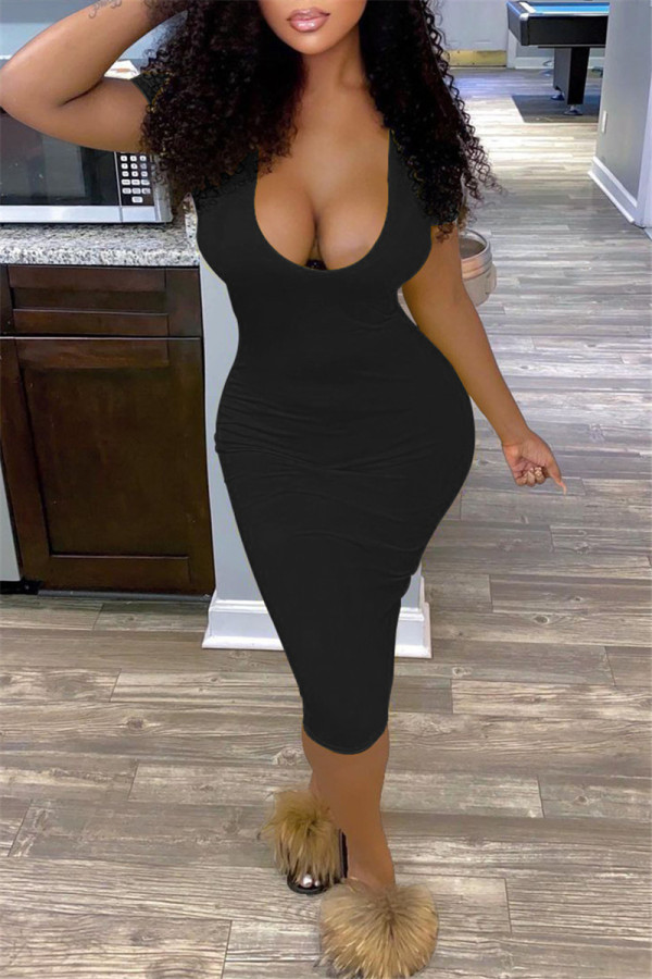 Black Fashion Sexy Solid Basic V Neck Short Sleeve Dress