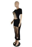 Black Fashion Sexy Solid Ripped Hollowed Out O Neck Short Sleeve Dress