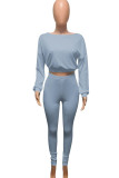 Blue and gray Polyester Active Europe and America Street Solid Skinny Long Sleeve Two Pieces