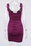 Purple Sexy Street Solid Patchwork Frenulum Backless Fold Spaghetti Strap Sling Dress Dresses