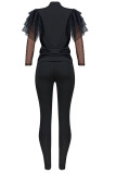 Black Fashion Casual Adult Solid Patchwork See-through O Neck Long Sleeve Hubble-Bubble Sleeve Regular Two Pieces