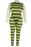 Fluorescent Green Sexy Striped Letter O Neck Plus Size