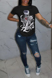 White Fashion Casual Print Basic O Neck T-Shirts