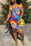 Yellow Fashion OL Red Pink Yellow purple White and blue Cap Sleeve Short Sleeves O neck Step Skirt Knee-Length Print Colouring asymmetrical Dresses