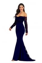 Royal blue Polyester Sexy Fashion adult Off The Shoulder Long Sleeves One word collar Mermaid Floor-Length Soli