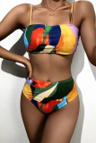 Rose Red Sexy Print Split Joint Swimwears Three Pieces