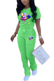 Green Fashion Casual adult Ma'am Print Two Piece Suits Lips Print Boot Cut Short Sleeve Two Pieces