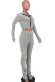 Grey Blends Casual Solid Split Draped Zippered pencil Long Sleeve Two Pieces