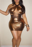 Gold Sexy Solid Hollowed Out Backless Sleeveless Dress