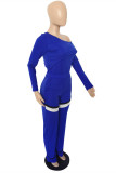 Blue Fashion Casual Striped Patchwork Oblique Collar Long Sleeve Two Pieces