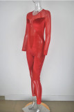 Red Fashion Sexy Patchwork Solid See-through O Neck Skinny Jumpsuits