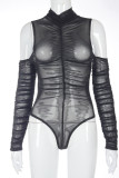 Black Sexy Solid See-through Fold O Neck Bodysuits