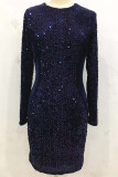 Blue Polyester Sexy Cap Sleeve Long Sleeves O neck Step Skirt skirt Sequin Solid Club Dresses