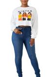 Grey O Neck Long Sleeve Character Letter crop top Print Tees & T-shirts