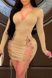 Gold Sexy Solid Hollowed Out V Neck Pencil Skirt Dresses