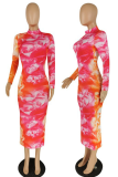 Colour Print Patchwork O Neck Pencil Skirt Dresses