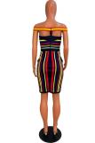 Black and red Polyester Sexy Fashion Off The Shoulder Sleeveless One word collar Hip skirt asymmetrical Striped C
