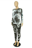 Grey Fashion Casual Print Tie-dye V Neck Long Sleeve Two Pieces