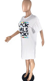 White Polyester Fashion Casual adult Ma'am O Neck Print Plus Size