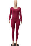 Wine Red street Solid Milk. Long Sleeve O Neck