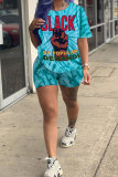 Black Polyester Fashion Casual Letter Patchwork Print Tie Dye Two Piece Suits pencil Short Sleeve Two Pieces