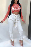Red Fashion Sexy Solid Patchwork See-through O Neck Tops